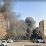 Fire on Wilshire Blvd, Los Angeles, California, USA